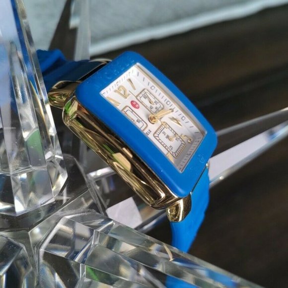 🤩SOLD🤩 Michele Watch Chronograph Park Gold & Blue Silicone 35mm Swiss Made - Picture 4 of 8